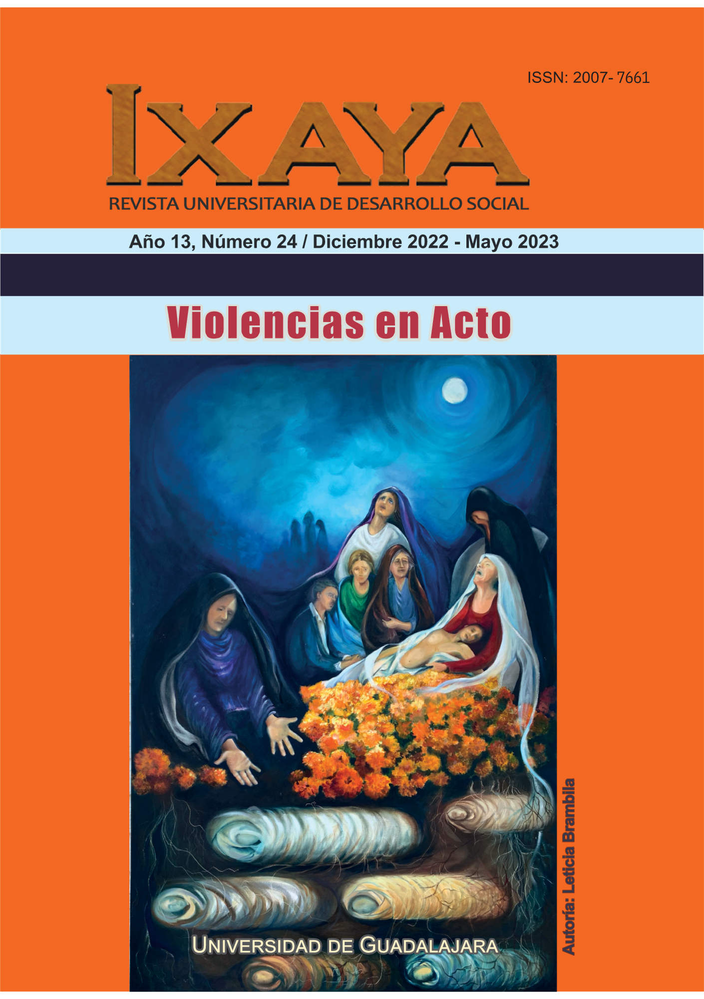 Portada del número 24 de IXAYA ilustrada con una pintura de madres dolientes enterrando a sus hijos en medio de la noche rodeadas de flores de cepasúchil
